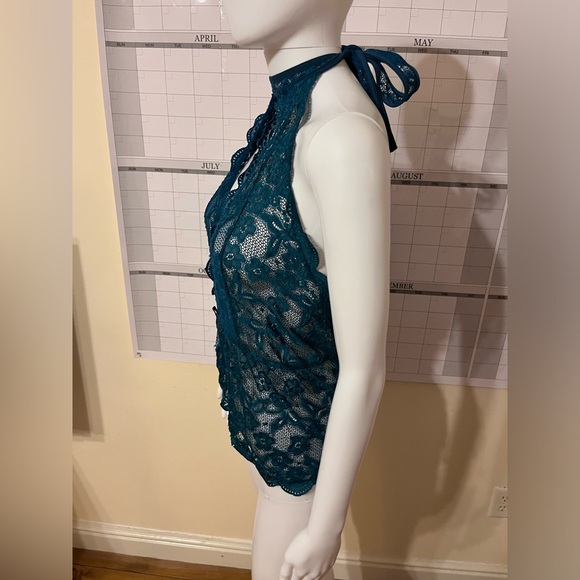 Teal Deep V Halter One Piece Teddy Bodysuit lingerie Crotchless size medium - Picture 6 of 7